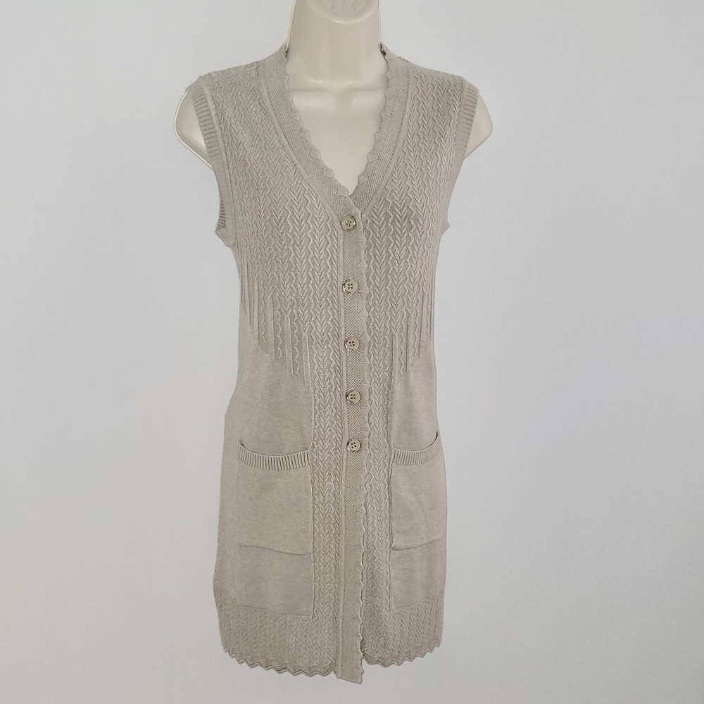 Taupe Cardigan Sweater with Ribbed Knit Texture Half Button Down Sz S Bust 32.5"
